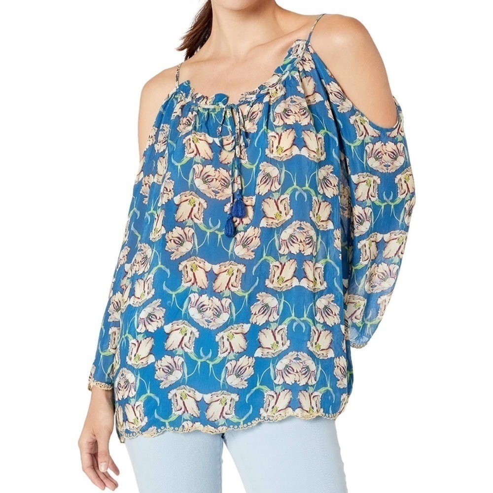 Johnny Was Meg Blouse Blue Floral Size Small Boho Flowy Feminine Romantic EUC